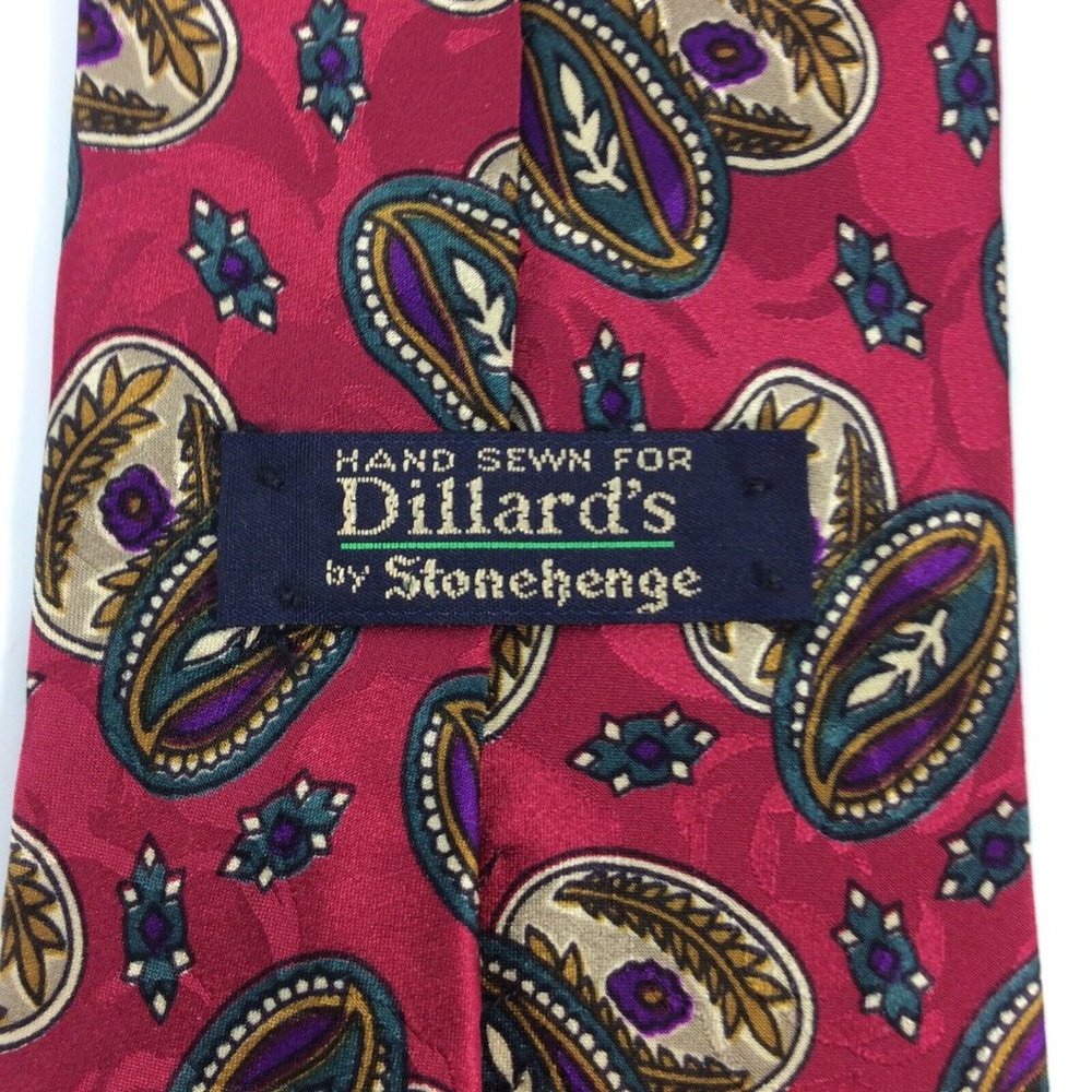 Stonehenge Mens Tie 4 in W x L 56 Silk Burgundy Silver Green Purple Geometric - Picture 5 of 10